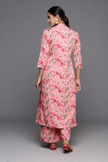 Varanga Women Pink Floral Printed Straight Kurta Paired With Bottom